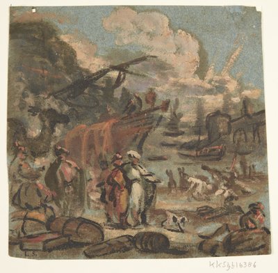 Figure Scene by the Coast with Ships and Military Personnel by Ubekendt
