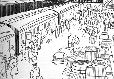 An illustration of a 1930s railway station by Unbekannt