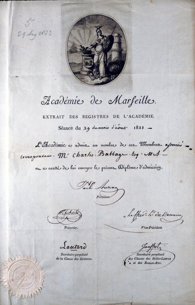 Babbage Diploma from the Academie de Marseilles by Unbekannt