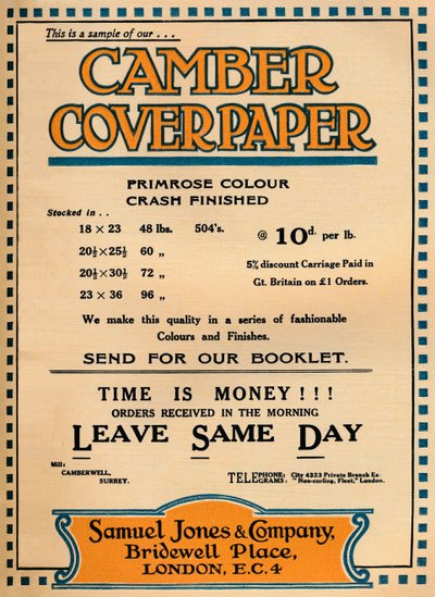 Camber Coverpaper - Samuel Jones & Company advertisement, 1919 by Unbekannt