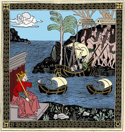 Christopher Columbus Discovering America, woodcut by Unbekannt