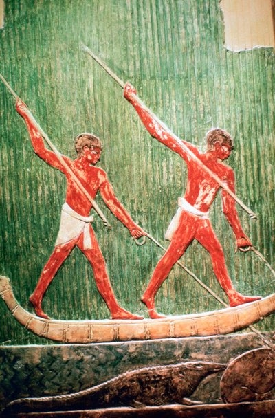 Egyptian painted relief of a hippopotamus hunt by Unbekannt