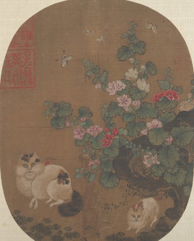 Hollyhocks and Cats by Unbekannt