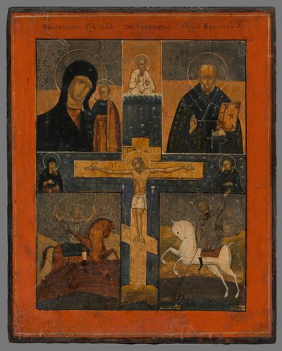Icon - Crucifixion with Kazan Mother of God, St. Nicholas, St. George, and Demetrius by Unbekannt
