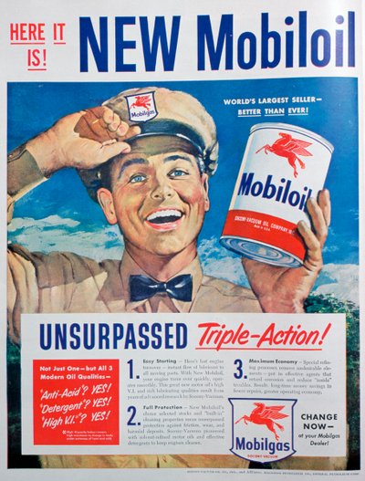 Mobiloil motor oil advert, 1949 by Unbekannt