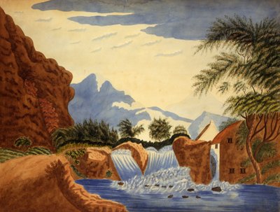 Mountain Scene and Waterwheel by Unbekannt