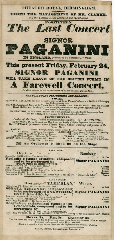 Niccolo Paganini - Playbill by Unbekannt