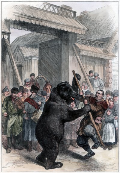 Performing bear in a Russian village, 1877 by Unbekannt