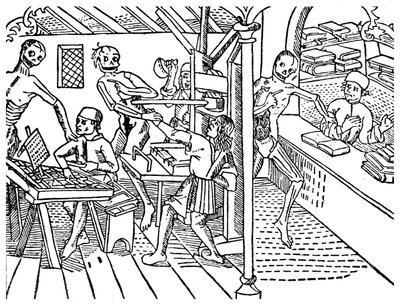 Printworkers harassed by skeletons by Unbekannt