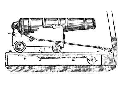 Ship cannon on gun carriage. Woodcut, 1835 by Unbekannt