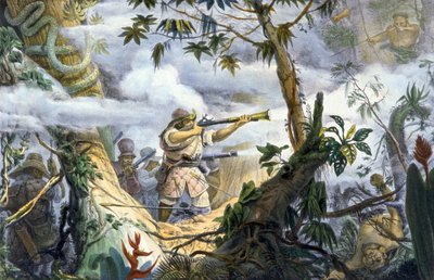 "Civilized" Indians fighting Botocudos Indians, Brazil by Unbekannter Künstler