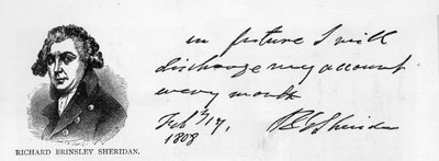 Handwriting and signature of Richard Brinsley Sheridan by Unbekannt