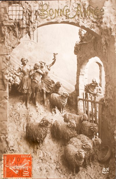 Happy Year, Greetings, Shepherdess, Sheep by William M. Timlin