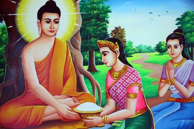 Painting depicting Buddha receiving offerings, Cambodia by Unbekannt