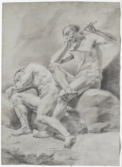 Two Naked Men, Sleeping and Playing Flute by Unbekannter Künstler
