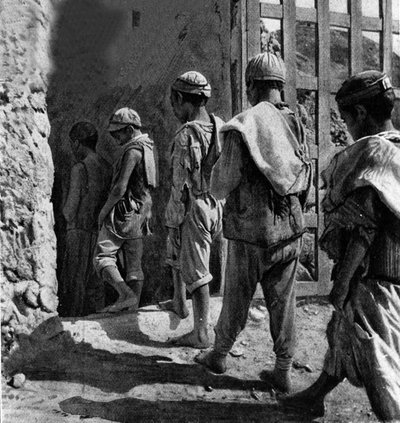 Child labour; carusi, miners, enter the mine. by Unknown artist
