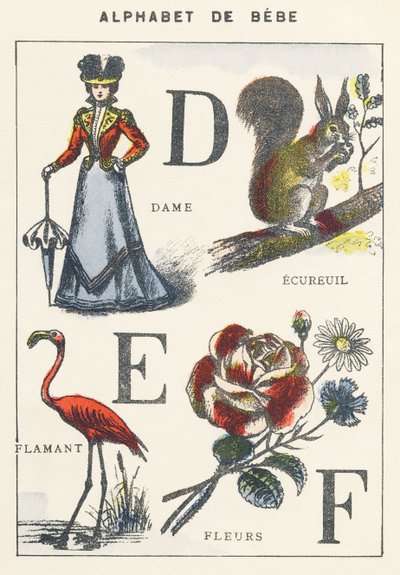 D E F: Lady, Squirrel, Flamingo, Flowers by Unknown artist
