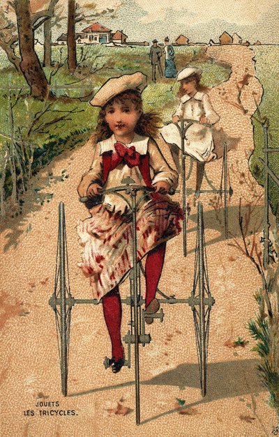 Little girls riding tricycles. Chromolithography around 1890 by Unknown artist