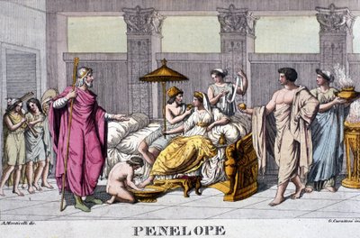 Penelope in her palace. 19th century engraving by Unknown artist