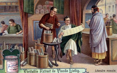 Roman bookseller. Chromolithography, Liebig image by Unknown artist
