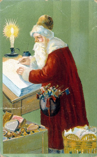 Santa Claus preparing gifts. by Unknown artist