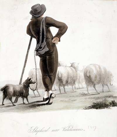 Shepherd near Valenciennes - watercolour by Unknown artist