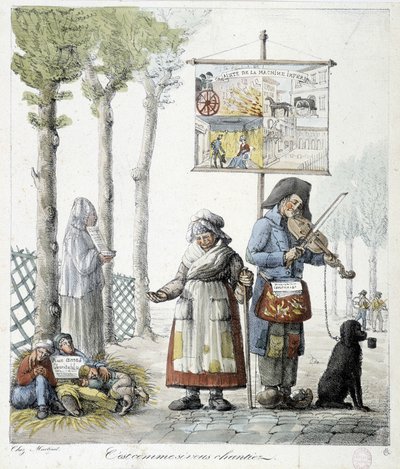 Street Musicians, Begging Children - Lithography by Unknown artist