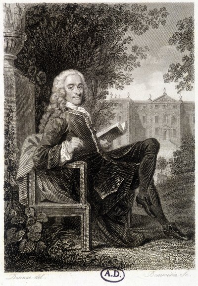 Voltaire reading in a park - engraving by Unknown artist
