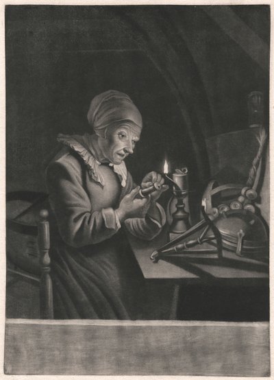 An Old Woman Repairs Her Spinning Wheel by Unknown artist
