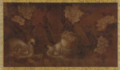 Cock, Hen and Chickens near Peony Shrubs by Unknown artist