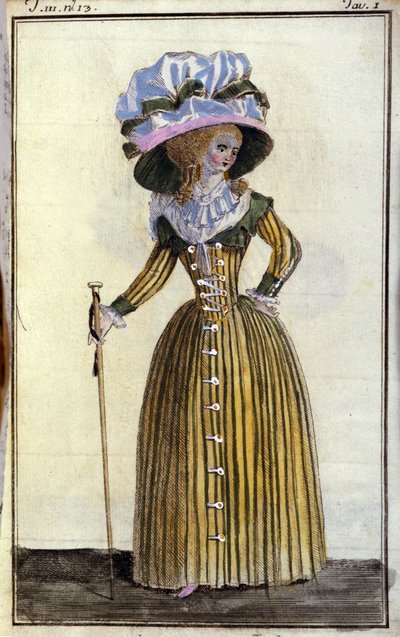 Fashion: elegant young woman with cane. 1787 by Unknown artist