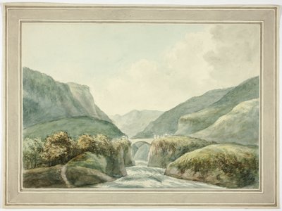 Mountain Town by Bridge Spanning Rapids by Unknown artist