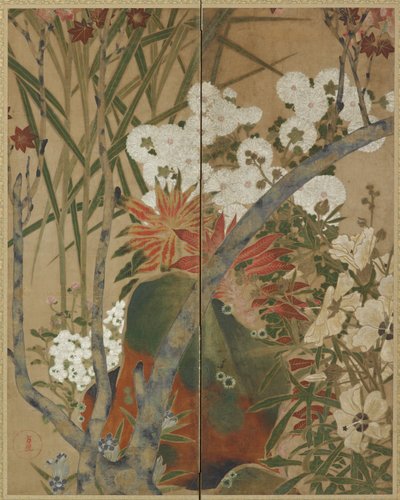 Rock, Saplings and Autumn Flowers by Unknown artist