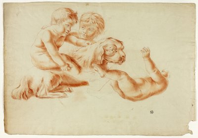 Three Putti Playing with Dog by Unknown artist