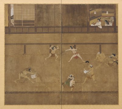 Two-panel Screen Depicting Wrestlers by Unknown artist
