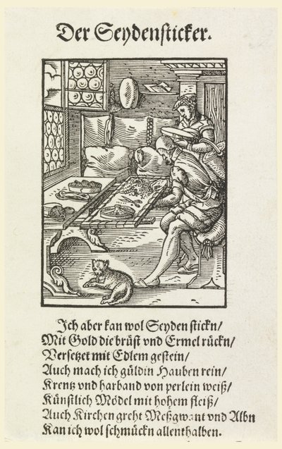 Woodcut (facsimile): An embroiderer at work by Unknown artist