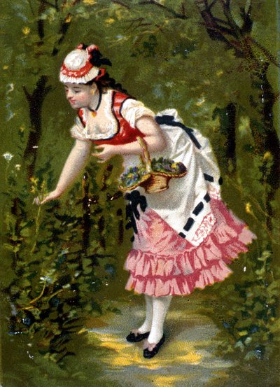 Young woman picking flowers. Chromolithography by Unknown artist