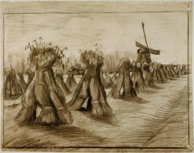 Sheaf of Corn and Windmill by Vincent van Gogh