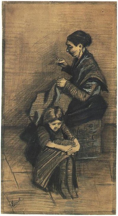 Sien Sitting on a Basket with a Girl by Vincent van Gogh