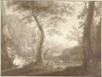 Mountain Landscape with Goat Herder and Traveler by W. Regnu (possibly)