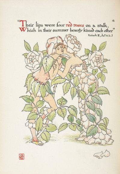 Two figures kissing dressed as roses by Walter Crane