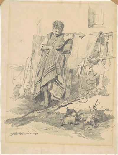 Woman Watching Puppies by Walter Shirlaw