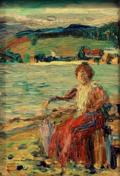 In a Red Dress by the Lakeshore by Wassily Kandinsky