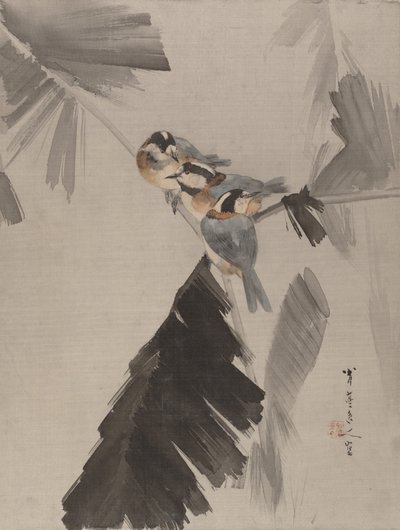 Three Birds on Branch by Watanabe Seitei