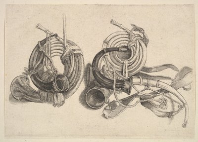 Five hunting horns, 1625-77 by Wenceslaus Hollar