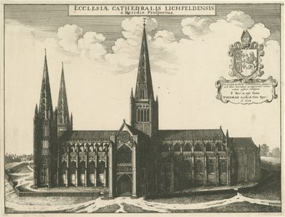 Lichfield Cathedral - South View: engraving, 1672 by Wenceslaus Hollar