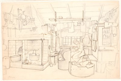 Swedish Farmhouse with Sewing Woman by Wilhelm Marstrand