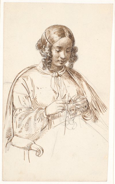 Young Knitting Lady, Half Figure by Wilhelm Marstrand