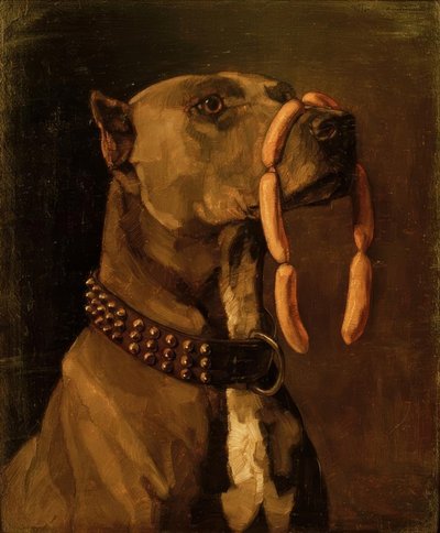 Dog with Sausages by Wilhelm Trübner