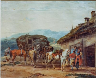 Changing Horses of a Travel Carriage by Wilhelm von Kobell
